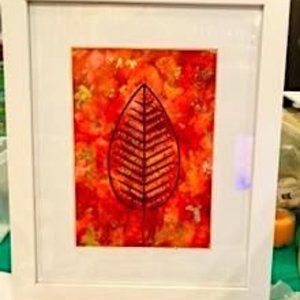 Alcohol Ink leaf painting 9 x 11 framed, gold flakes Original art